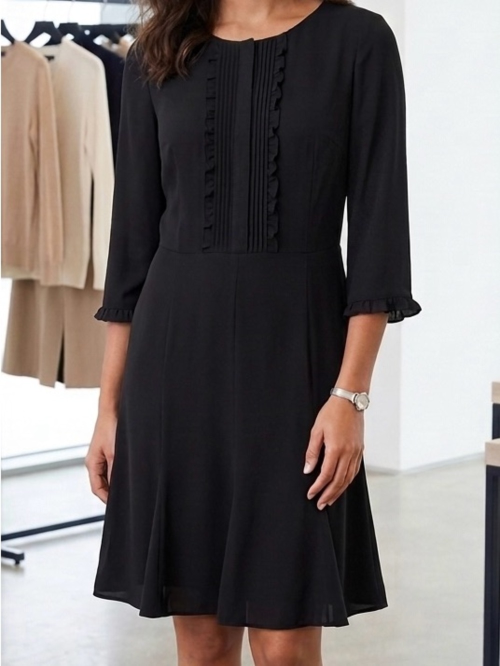 NWT Talbots Black Pleated Ruffle Front Dress Petite 12P